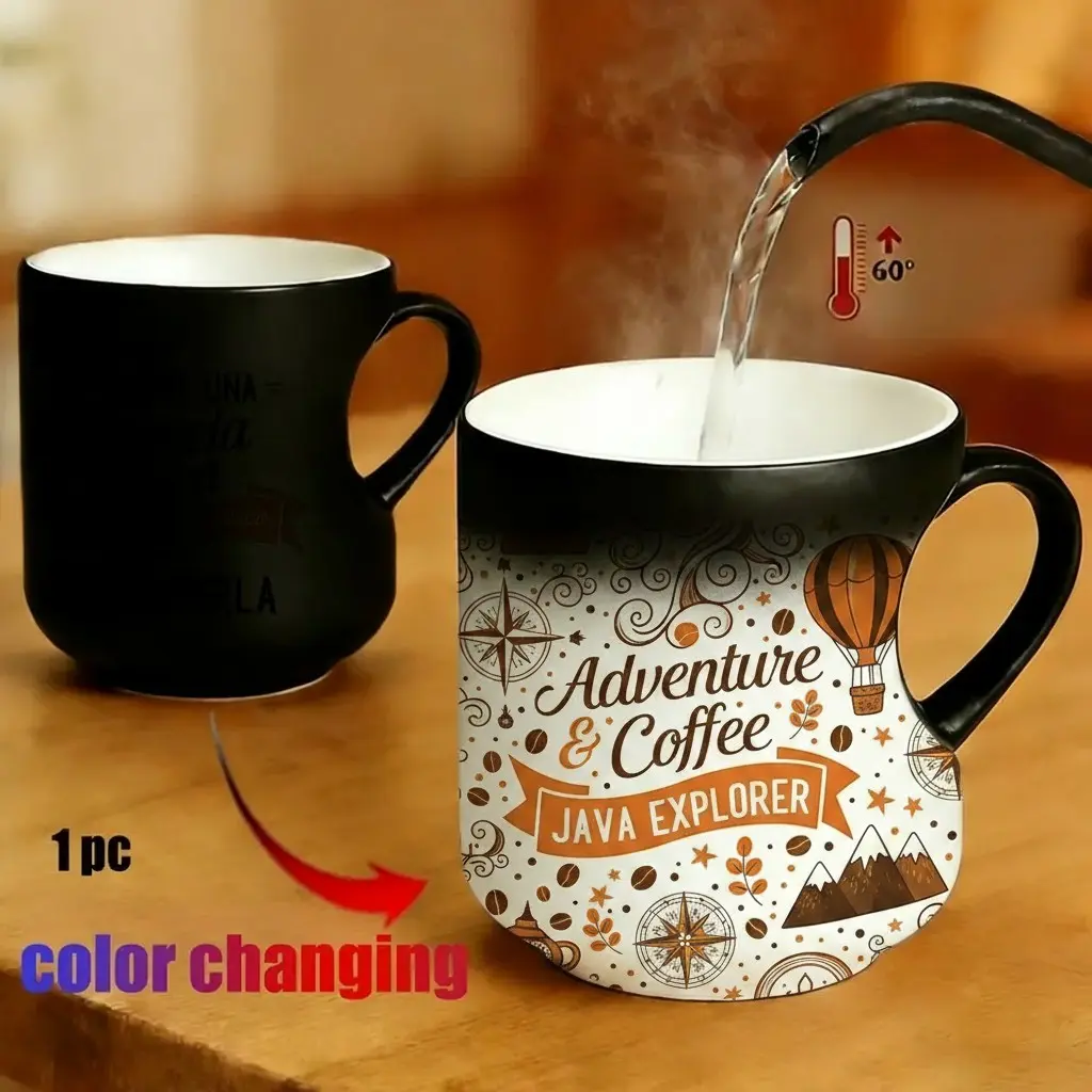 Magic Color Changing Adventure & Coffee Java Explorer Mug, 11 Oz/330 Ml Thermosensitive Ceramic Cup, Heat-reactive Design That Unveils A Delightful Adventure-themed Pattern Featuring Balloons, Compasses & Coffee Details When Hot Liquid Is Added, Perf