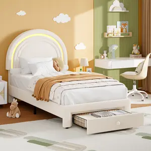 Twin Size Upholstered Bed Frame with Storage Drawer and LED Rainbow Headboard, Berber Fleece Princess Platform Bed for Kids, No Box Spring Needed