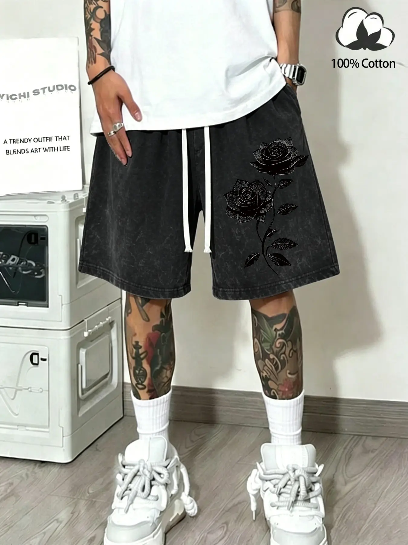 100% cotton, machine-washable, casual American street style fashion shorts for men and women, Gothic, Floral black rose pattern print, loose fit baggy shorts, drawstring waistband, comfortable design, perfect for everyday casual wear, Daily casual shorts