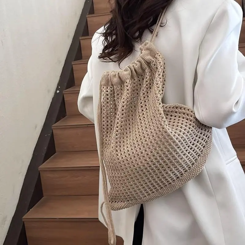 Woven Mesh Backpack with Drawstring, Bohemian Crochet Style for Women's Casual Summer Beach Outings, Bohemian Backpacks, Drawstring Design Backpacks