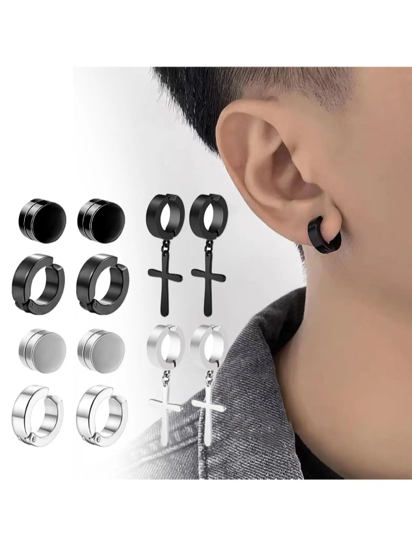 Men's Stainless Steel Magnetic Earrings Clips, Non-Piercing Allergy-Free Daily Wear, Fashionable Unique Modern Design, 6 Pairs Set