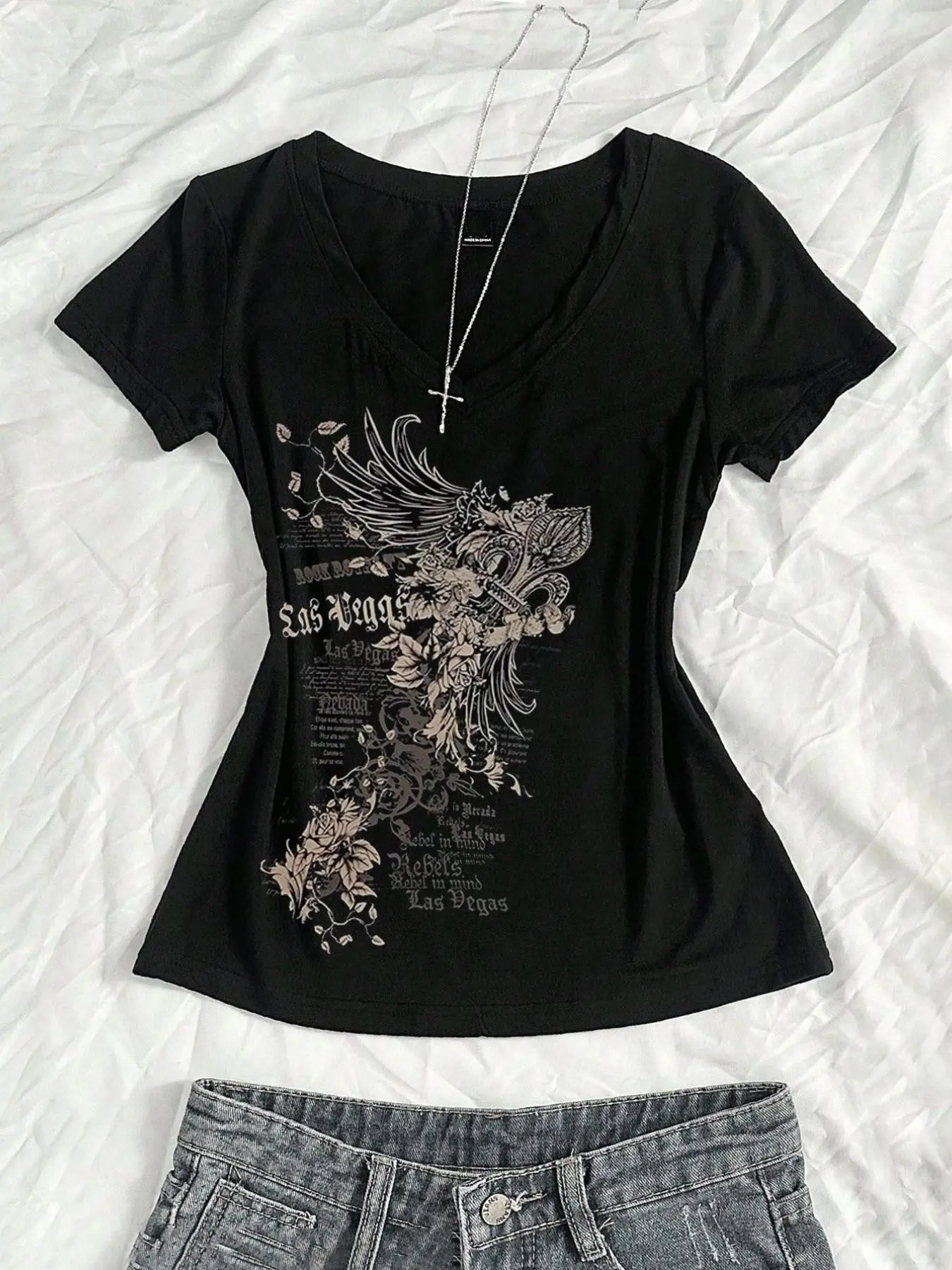 TikTok Viral Las Vegas Graphic V-Neck T-Shirt - Soft Stretchy Cotton Slim-Fit Y2K Aesthetic Streetwear Floral Wing Print Casual Tee Trendy Vintage Edgy Statement Top Must-Have Fashion For Women Cool Bold Retro Apparel