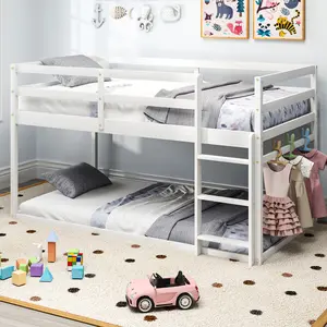 Topwin Low Bunk Bed Twin Over Twin with Full Guardrails, Floor Bunk Bed for Juniors, Boys, Girls, Kids, Wooden Design
