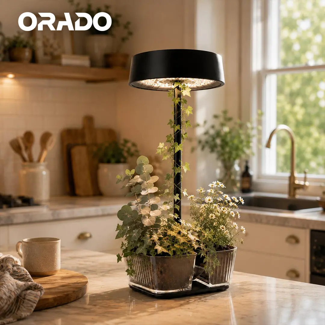 ORADO Rechargeable Cordless Full Spectrum Desk Grow Lamp with Acrylic Planter & Tray - Indoor Light for Mini Herbs, Small Spaces, Aesthetic Home