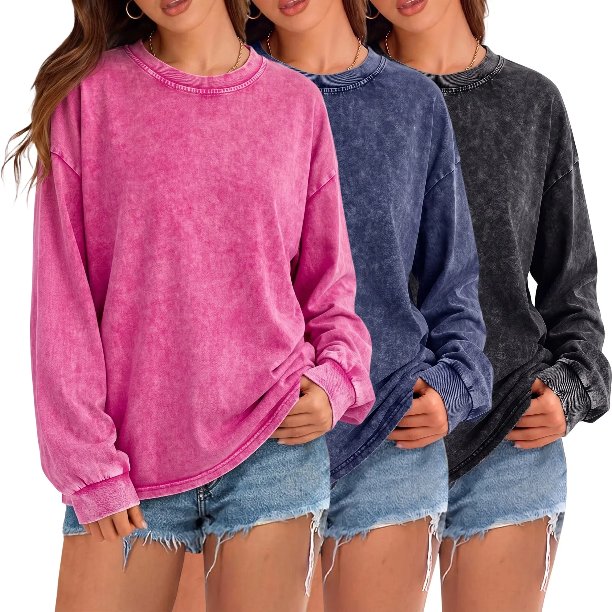 Women’s 3-pack vintage washed distressed loose long-sleeve sweatshirts, crewneck casual pullover tops, soft lightweight basic street-style tops for everyday autumn wear
