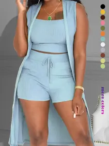 Women's Casual Slim Fit Three-Piece Set, Stretchy Soft Knit Fabric, Essential Summer Choice, Comfortable and Stylish