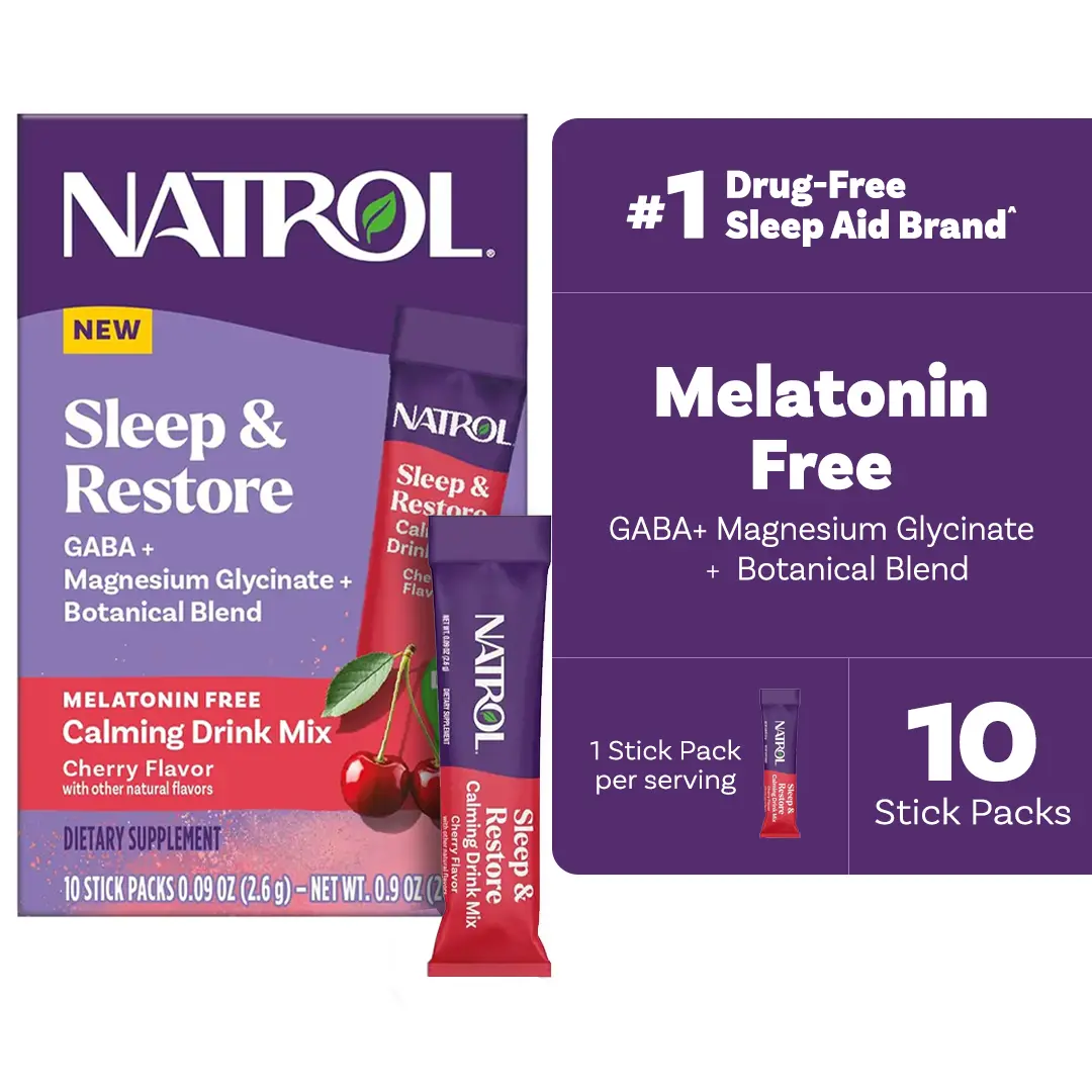 Natrol Sleep & Restore Calming Restorative Sleep Supplement Drink Mix - Magnesium Glycinate, Melatonin-Free, Lemon & Cherry Flavor, 10 Stick Packs, Dietary, Dietary Supplement, Sugar Free