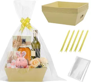 6 Sets Large Thick Kraft Baskets for Gifts Empty - Gift Baskets Empty Kit with Cellophane Wrap and Pull Bows for Easter Wedding Birthday Bridesmaid Baby Shower, Yellow