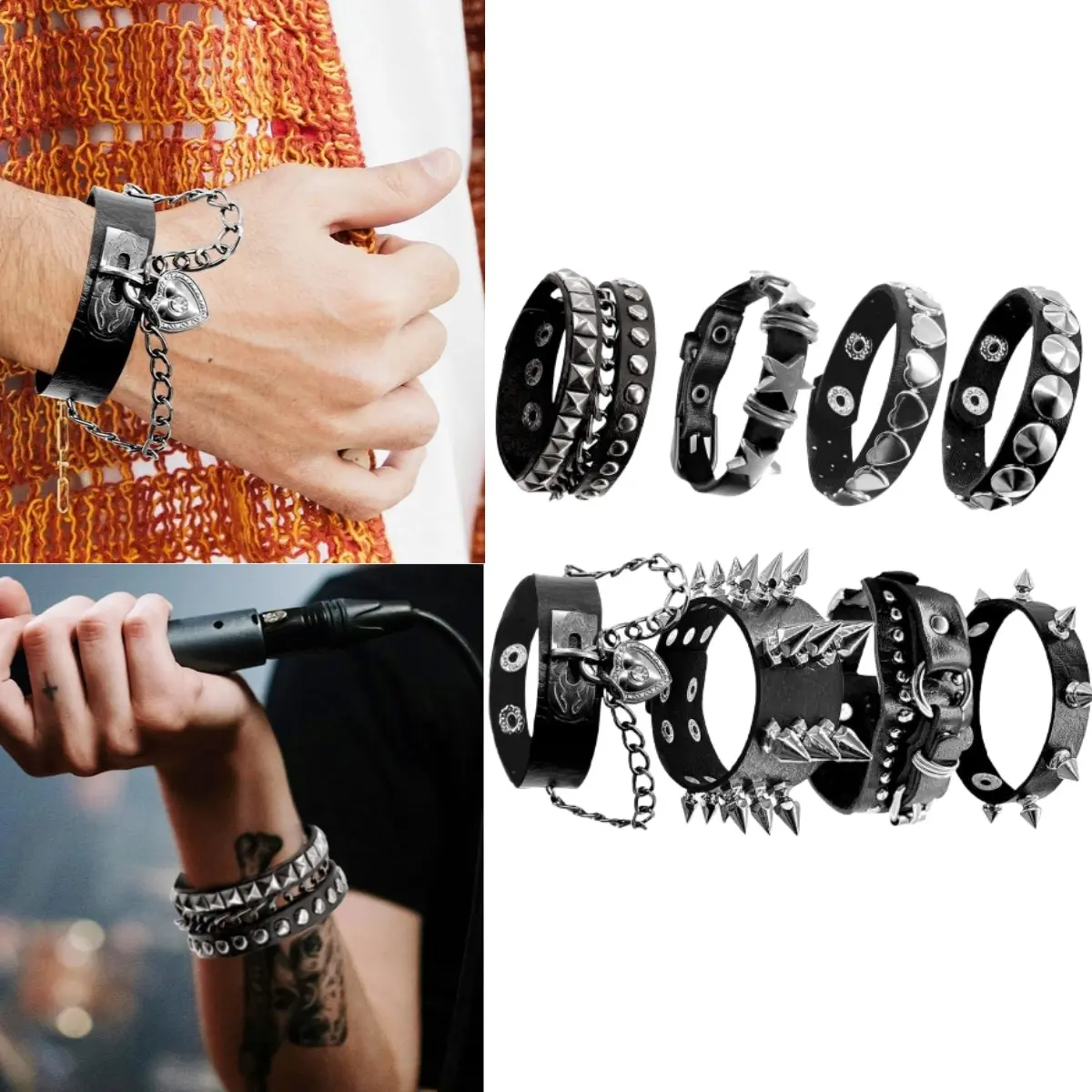 8 Packs Leather Punk Rock Cuff Bracelets for Men Women Retro Vintage Chain 80s Wristband Set for Parties, Music Festivals, and Motorcycle Enthusiasts