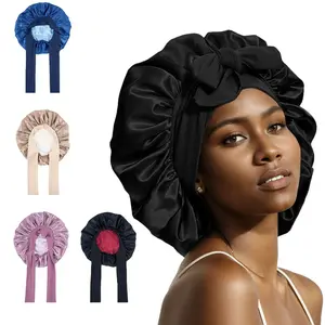 Satin Silk Bonnet Hair Bonnet for Sleeping  Double Layer  Hair Bonnet with Elastic Tie Band for Women Natural Curly Hair(Pink,black,blue，Brown)