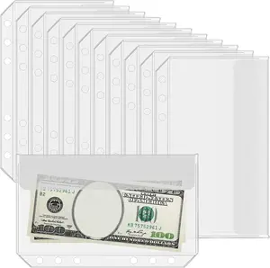 Antner 12PCS A6 Binder Pockets No Zipper 6-Hole Cash Stuffing Envelopes Planner Inserts for A6 6-Ring Binder, Clear PVC Zipless Binder Pouch Loose Leaf Filling Bags Money Envelopes for Cash Budgeting