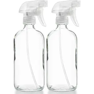 Clear Glass Spray Bottles - Refillable 16 oz Containers for Essential Oils, Cleaning Products, Aromatherapy, Misting Plants, or Cooking - Sprayer with Mist and Stream - 2 Pack