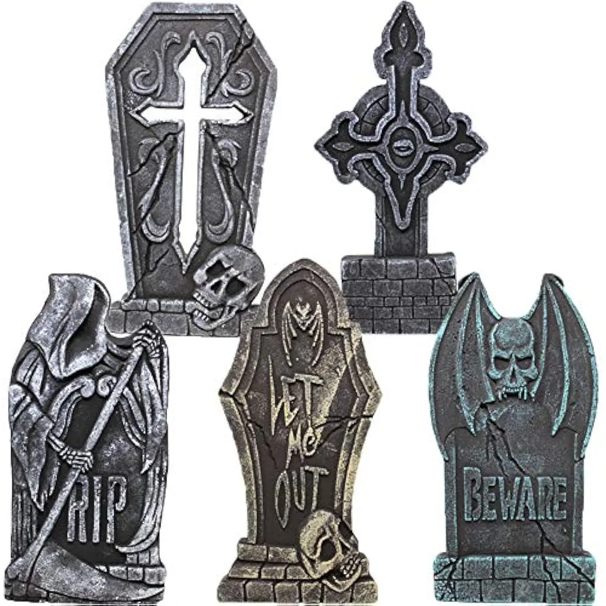 17 Halloween Decorations Outdoor Tombstones, 5 Pack Halloween Foam Graveyard Headstone Decorations with 12 Bonus Metal Stakes for Yard Lawn Outside Decor