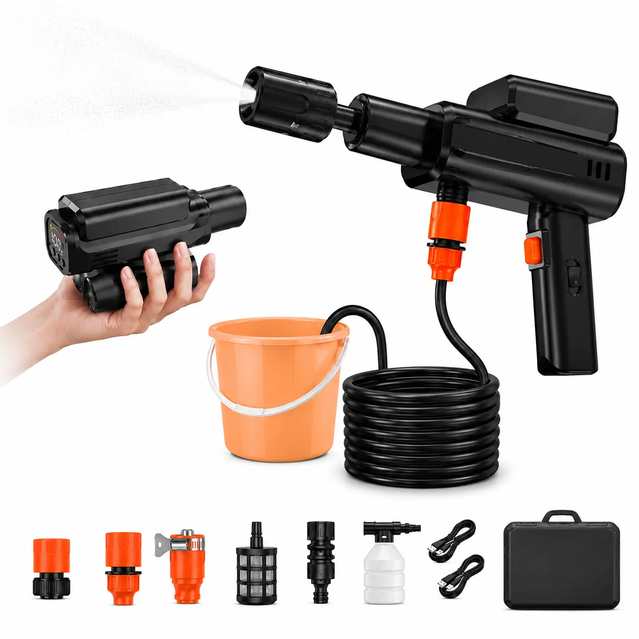 Foldable Pressure Washer Portable Battery Washer with 5-in-1 Nozzle, Handheld Washer for Car, Bike, Patio & Camping (Black)