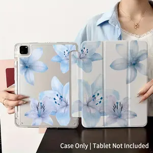 Ice blue lily double-sided pattern, with adjustable stand and pen slot, foldable anti slip TPU protective case, suitable for Samsung, iPad mini, iPad Air, iPad Pro/iPad 10th generation, 11th generation and other series of iPad protective cases