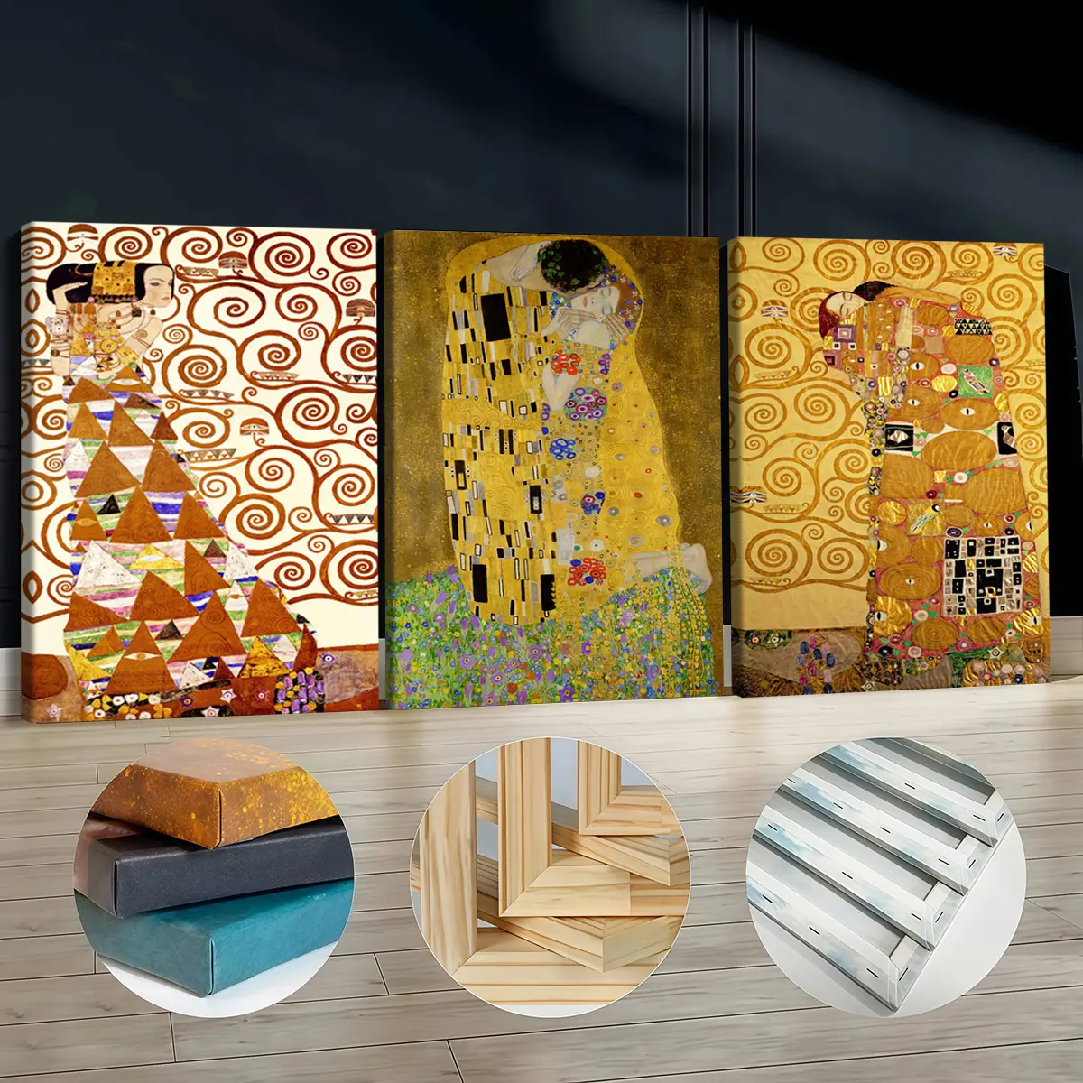 3Pcs Artistic Wooden Framed Canvas Paintings - Klimt's The Kiss & Tree Of Life, 30*40cm(11.8*15.7in) Odorless Contemporary Wall Decoration, Home Supplies for Living Room/Bathroom, Boosts the Workspace
