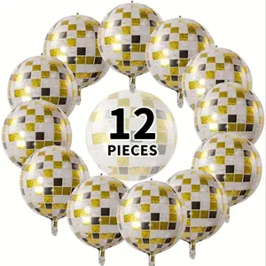 12pcs 22inch 4D Black Gold Disco Balloons - Checkered Design for Party Decorations
