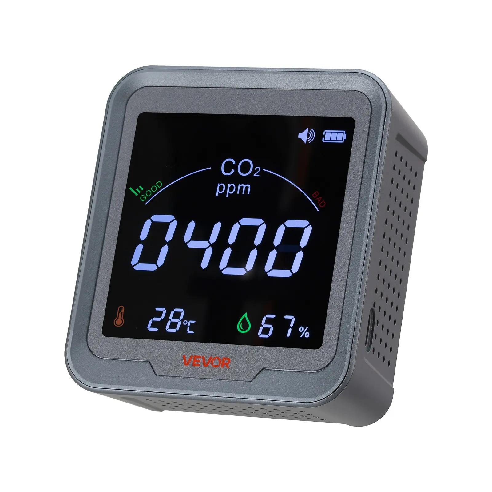 VEVOR CO2 Monitor - Battery Powered Home NDIR Sensor Device with 400-5000 ppm Range, Temperature & Humidity Display, Advanced Infrared Sensing, 72-120 Hour Runtime, Lightweight Portable for Home, Office
