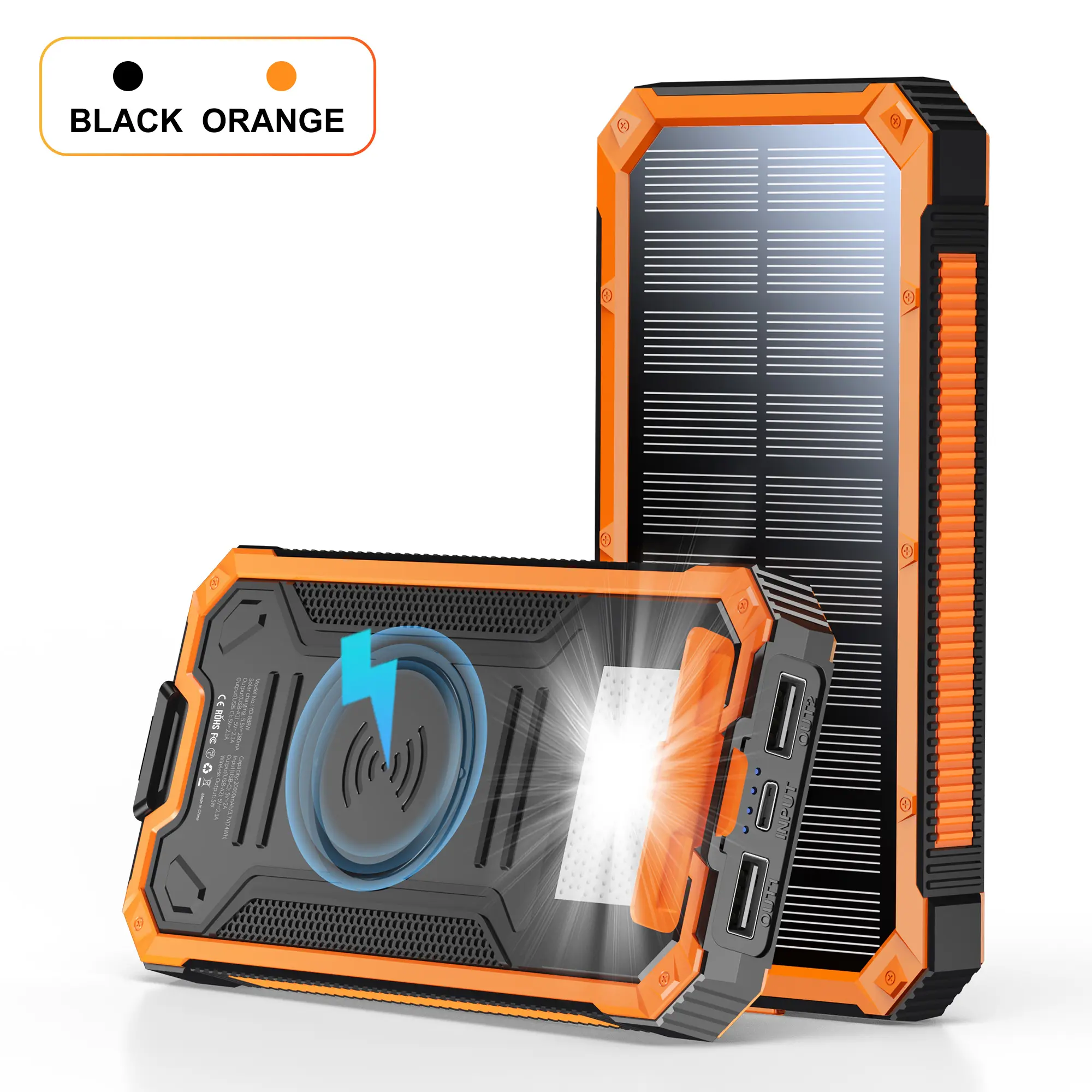 20000mAh Wireless Solar Power Bank Fast Charging LED Flashlight 4 Ports Camping Outdoor Emergency Portable Charger High Power Portable Outdoor Emergency Battery Lithium Smartphone Usb Chargeable