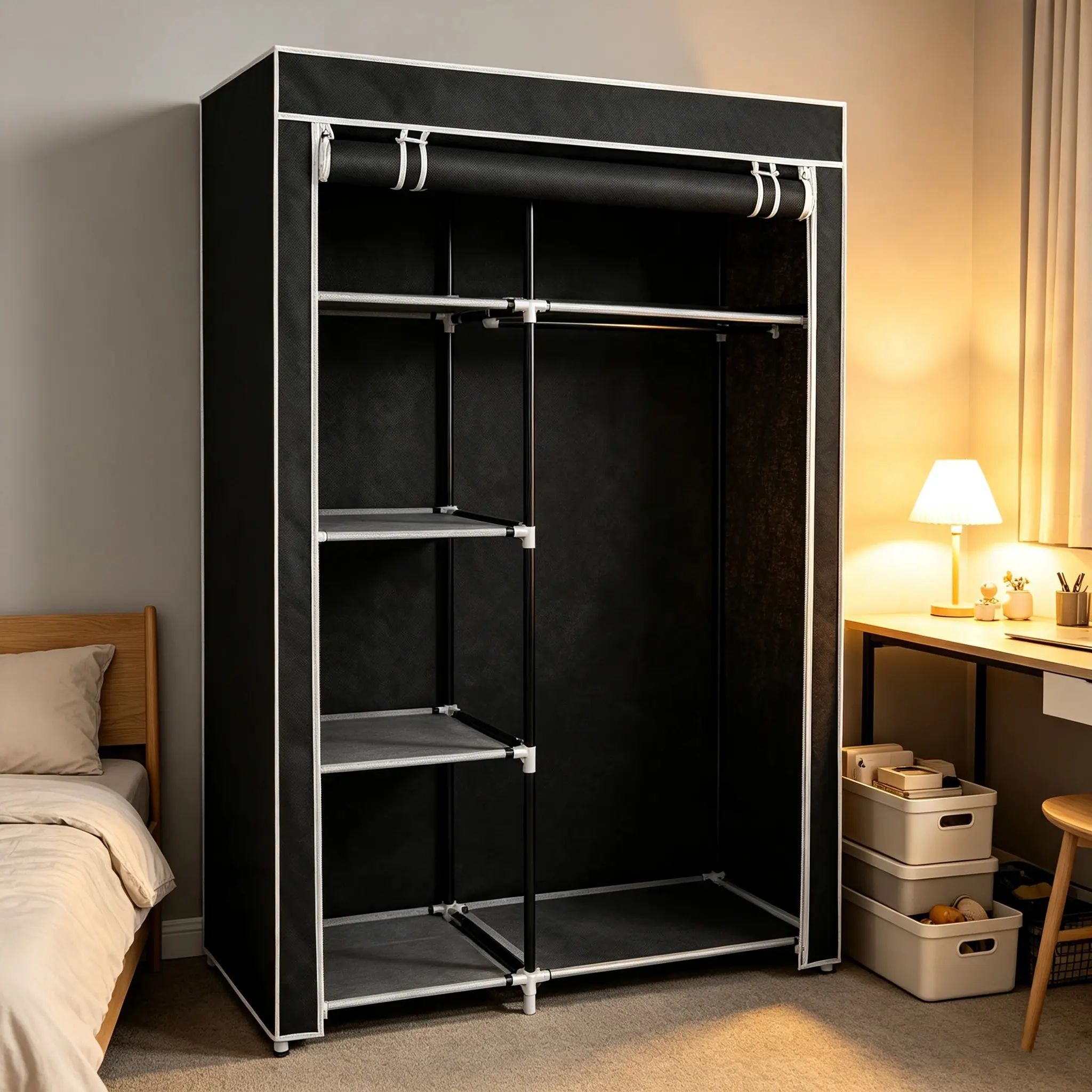 64" Portable Closet Storage Organizer Wardrobe Clothes Rack with Shelves Black 64" Portable Closet Storage Organizer Wardrobe Clothes Rack with Shelves Black