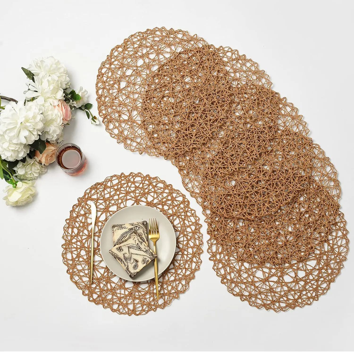 Round Woven Placemats Set of 12 for Dining Table, 15 Inches Paper Boho Decorative Circle Place Mats for Wedding Christmas Thanksgiving Day Holiday Dinner (Light Coffee Brown)