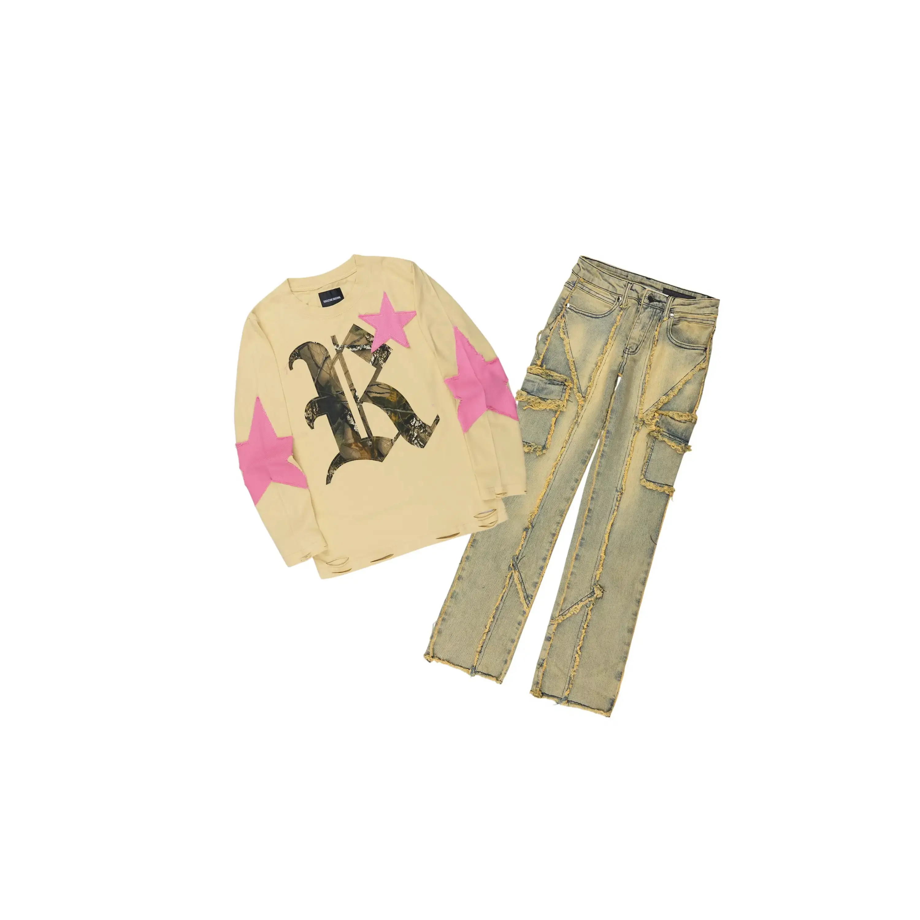 Girls Delgera Beige/Dirty Blue Long Sleeve T-Shirt Stacked Jean Set