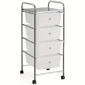New Costway 4-Drawer Cart Storage Bin Organizer Rolling w/Plastic Drawers Clear Boxes Metal