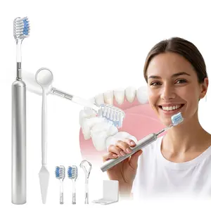 Manual Oral Care Set with Metal Toothbrush Handle, 3 Replaceable with Curved Brush Heads, Tongue Scraper, Oral Mirror & Wall-Mount Holder, Compact Travel Toothbrush Kit for Daily Cleaning summerwins