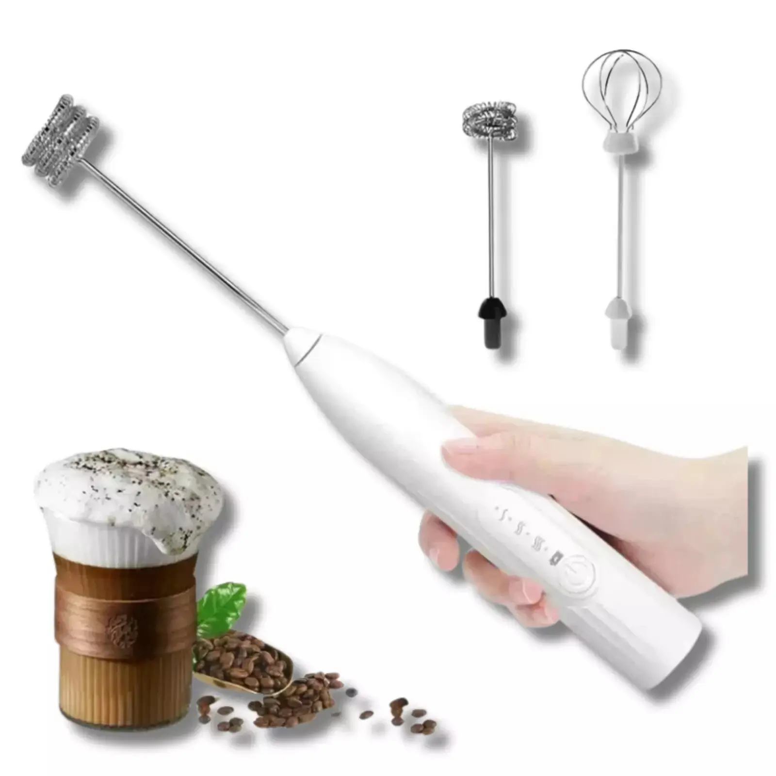 Handheld Automatic Cappuccino Milk Frother - 3-Speed USB Rechargeable 1200mAh Kitchen Accessory, Button-Activated Coffee Frother Mixer with Double Whisk, Ergonomic Handle, ABS & Stainless Steel Build for Traveling, Froths Cream & Cold Foam