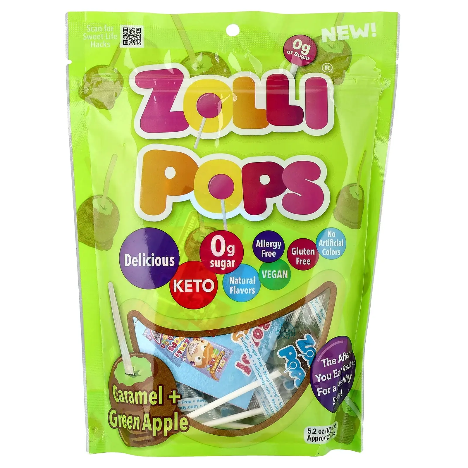 Zollipops The Clean Teeth Pops, Caramel Green Apple, Approx. 23-25 Pops, 5.2 oz Zollipops The Clean Teeth Pops, Caramel Green Apple, Approx. 23-25 Pops, 5.2 oz