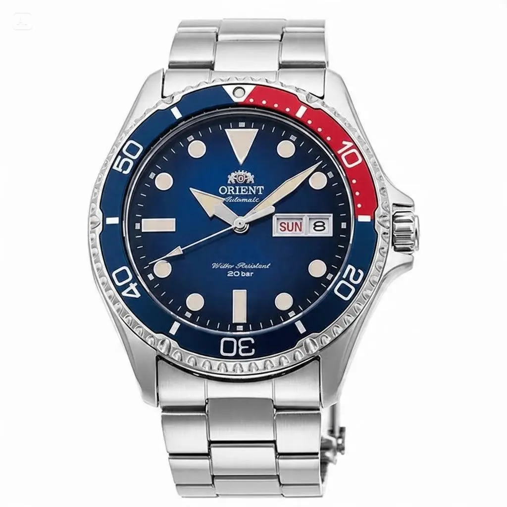 Orient Kamasu Men’s Automatic Dive Watch, 200M/20BAR Water Resistant, Pepsi Rotating Bezel, Day Date Display, Luminous Markers, Stainless Steel Bracelet, Multiple Dial Colors, Professional Diver Mechanical Wristwatch, Gift For Divers & Watch Collectors