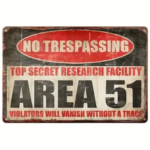 Vintage Area 51 Metal Sign - Retro Alien Warning Wall Decor, 12x8 Inches, Rustic Distressed Design, No Power Needed, Perfect for Man Cave, Home Bar & Home Security, Vintage Decor