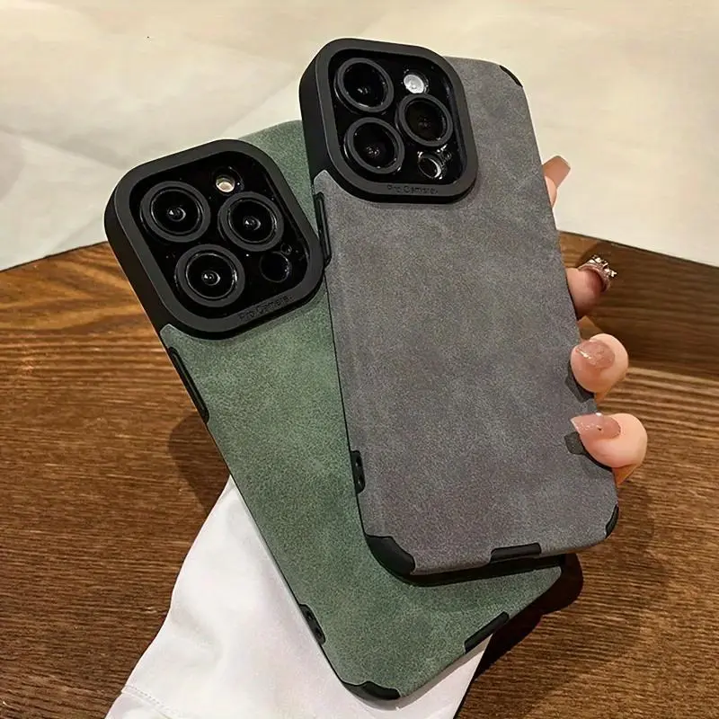 Soft Matte Luxe Faux Leather Protective Smartphone Cover Bundle for iPhone 17/16/15/14 Plus/13/12/11 Pro Max - Lens Guard Bumper, Silicone Build, Shock-Absorbing Casing, Cellphone Phone Accessories, Iphone 15