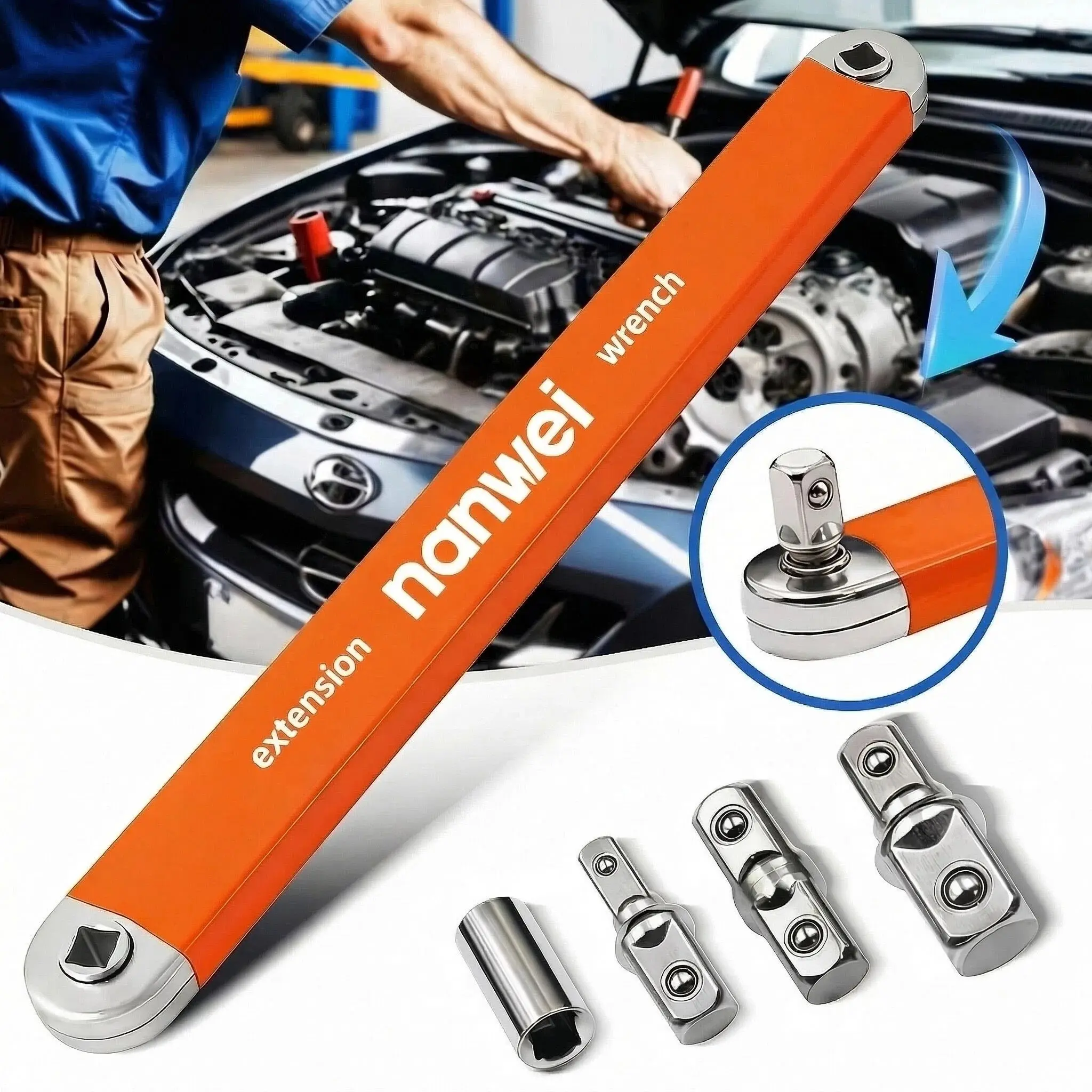 NANWEI Orange Lever Offset Handle Wrench - Universal Extension Booster Labor-Saving Torque Extender Bar with Multi-Size Socket Adapters for Ratchet Tools Auto Repair Narrow Confined Spaces Garage Hand Tool (Chain Drive), Adapters + Socket, Solid Metal