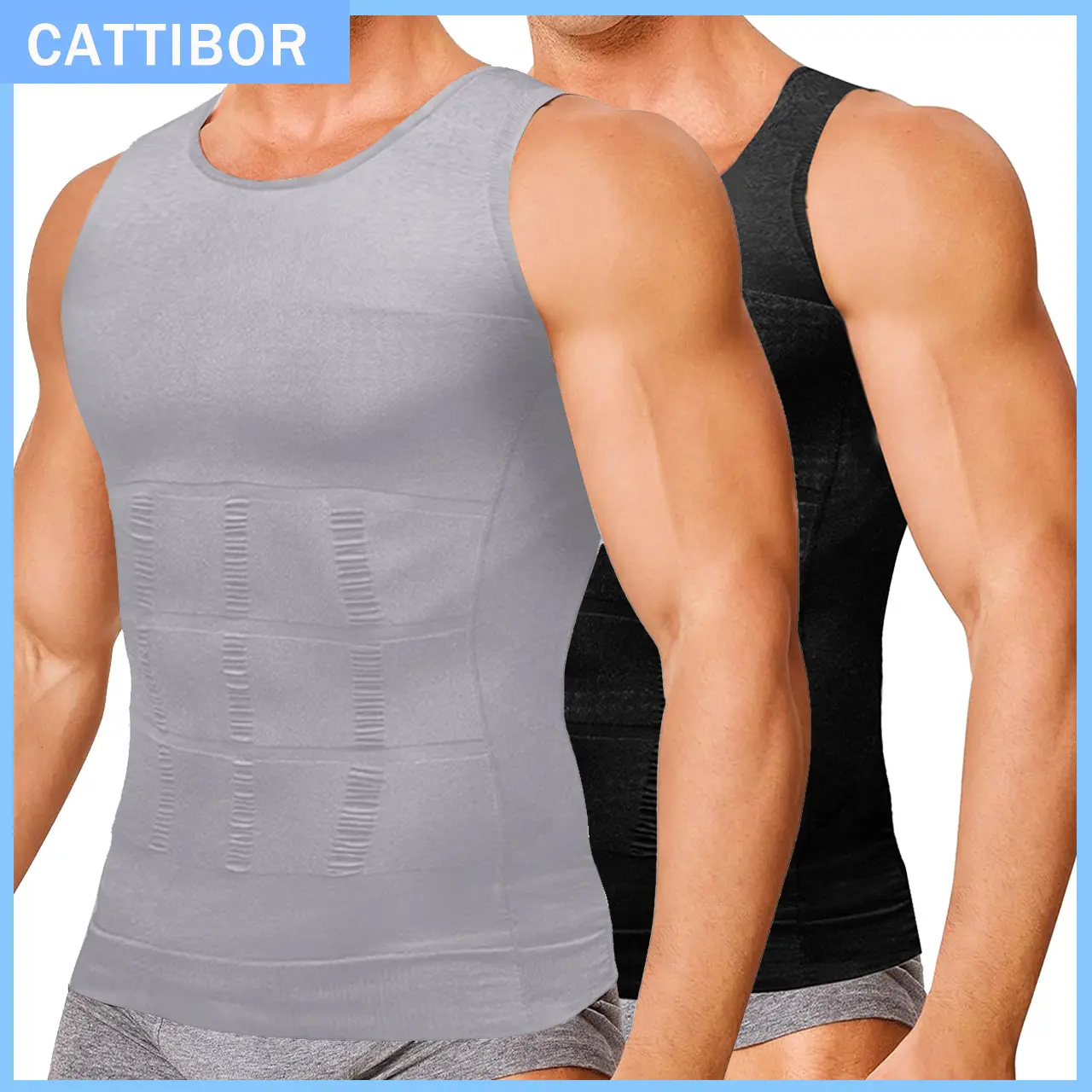 CATTIBOR 1-2 Pack Men Solid Compression Vest,Men Sleeveless Shirt Shapewear,Men T-Shirt Sport Vest,Men Breathable Round Neck Compression Tank Top Men Workout Training Basketball,Menswear & Underwear For All Seasons,Boy Vests
