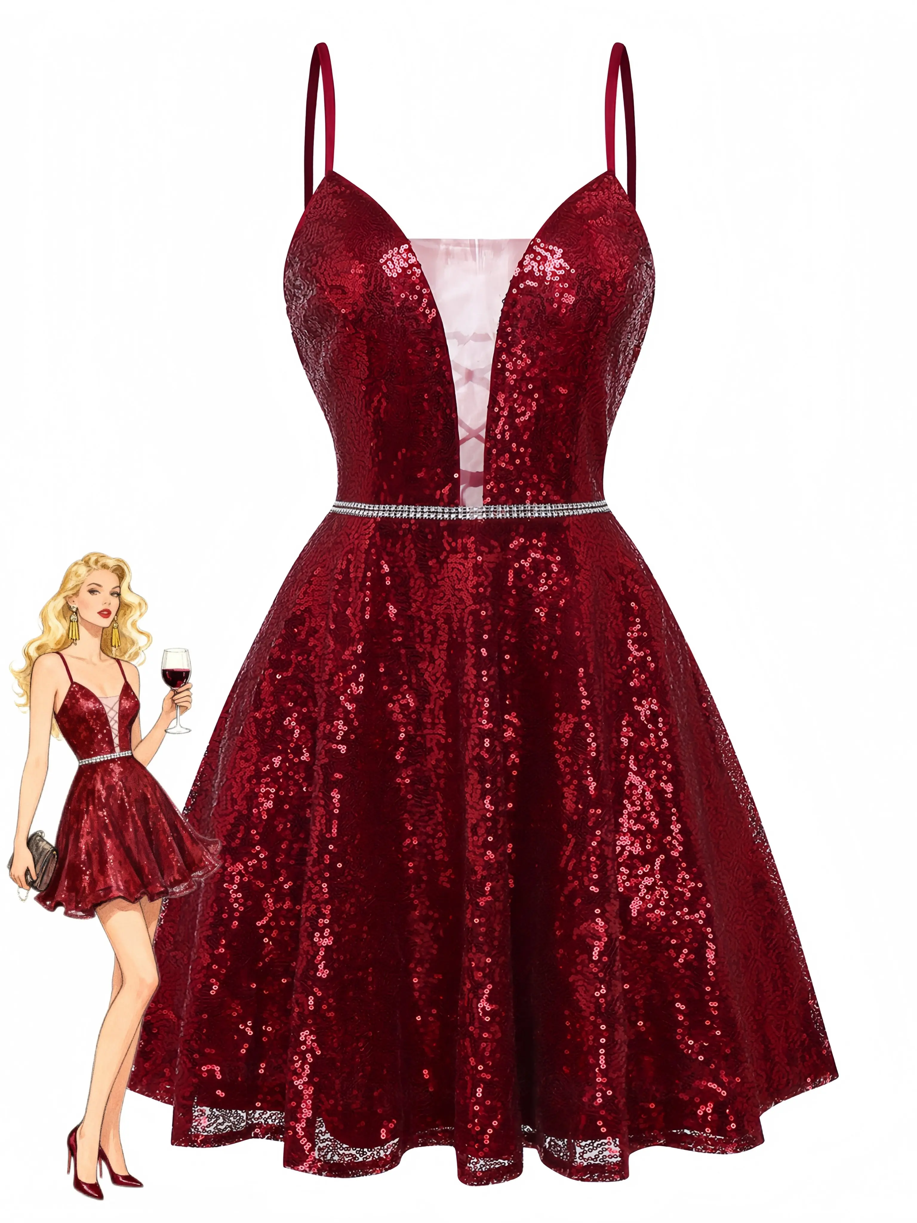 Wine Red 1950s Sequin Deep-V Mesh Dress  Formal  Party Graduation Dress Prom womensummer dresses vacation outfits