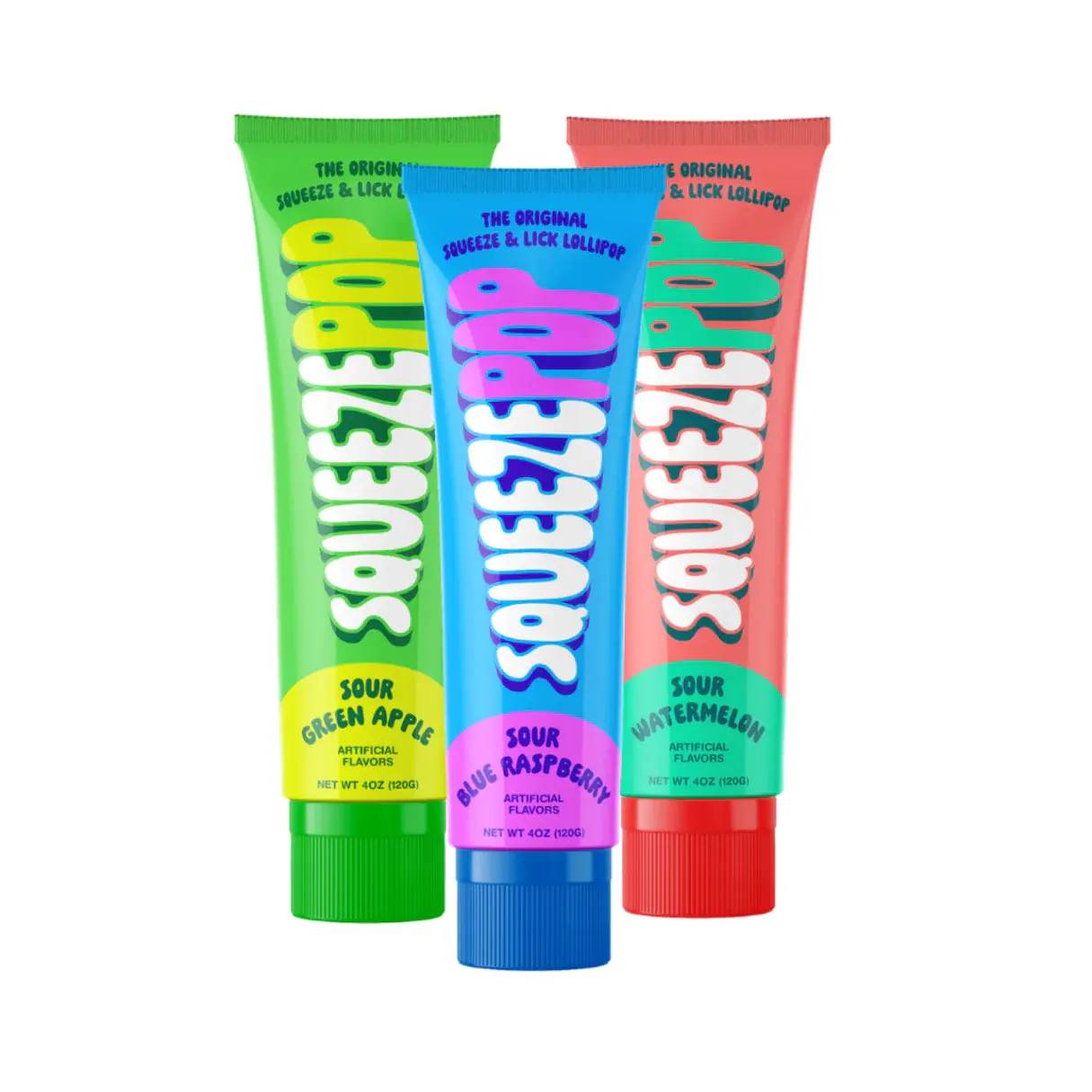 Squeeze Pop Liquid Candy Tubes -3 Pack - Sour Flavors (Blue Raspberry, Green Apple & Watermelon) 4 oz nostalgic tubes