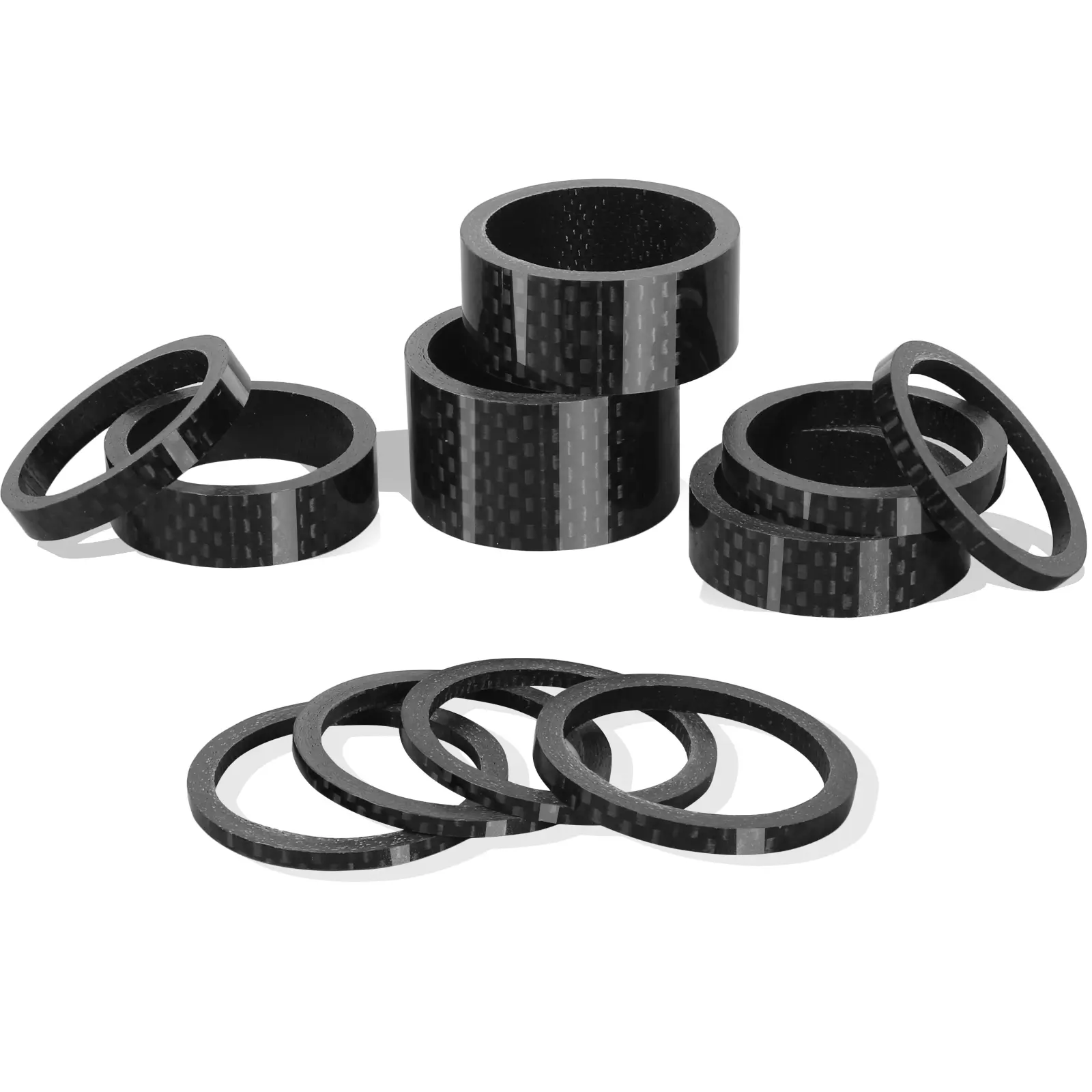 BUCKLOS 11PCS Multi-Size Bike Headset Spacers - 1-1/8" Aluminum & Carbon Fiber Washers, 2/3/5/10/15/20mm, 58g Ultralight Functional Stem Spacers, Matte/Glossy Finish, for Road Cycling, MTB Bikes, Components & Parts, 1-1/8 Inch