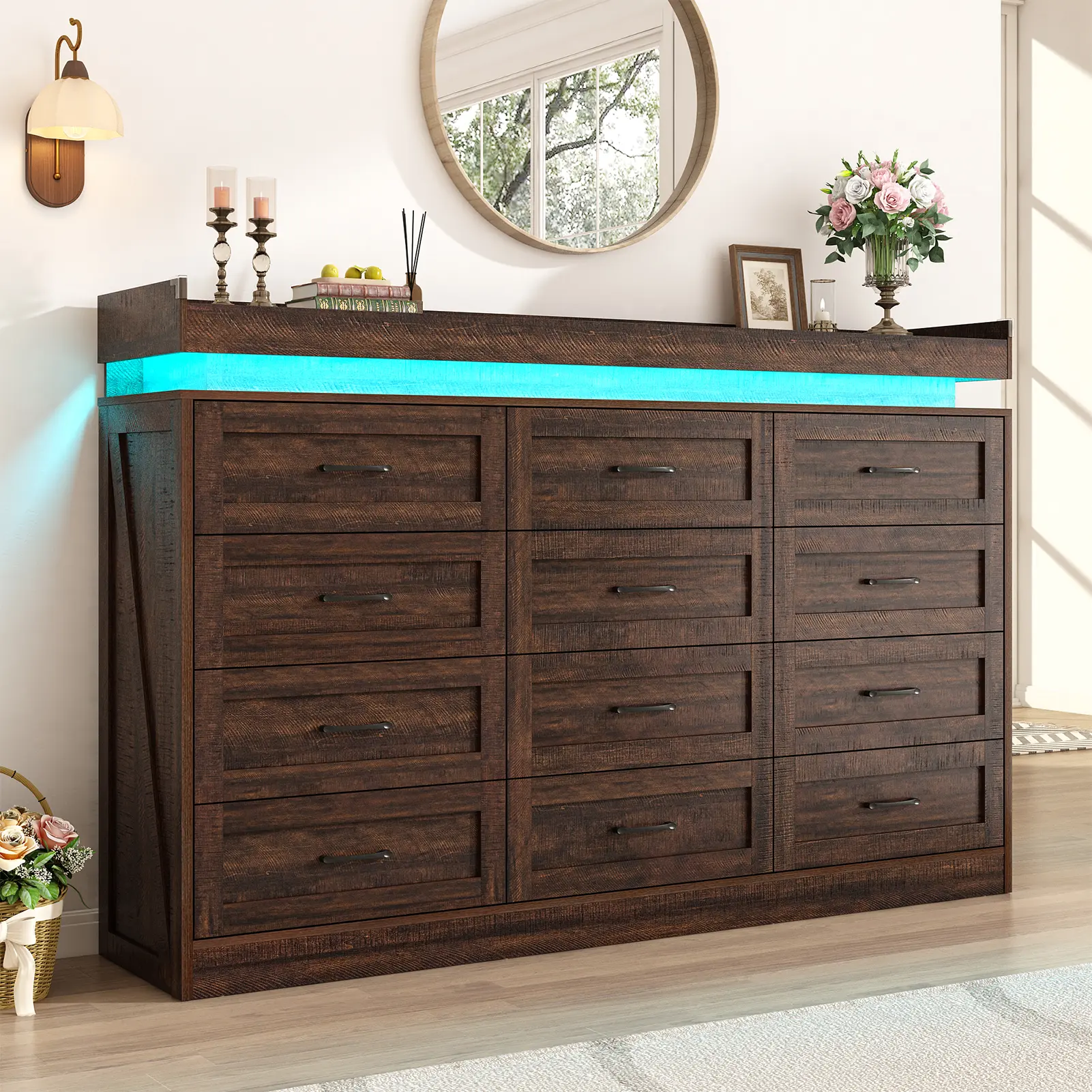 71" Wide 46" Tall Large Farmhouse 12 Drawers Dresser for Bedroom with LED Light and Power Outlets,Wood Rustic 12 Chests of Drawers for Closet,Tall Storage Dresser Organizer for Bedroom(Antique White/Brown) Apothecary Cabinet Apartment Furniture