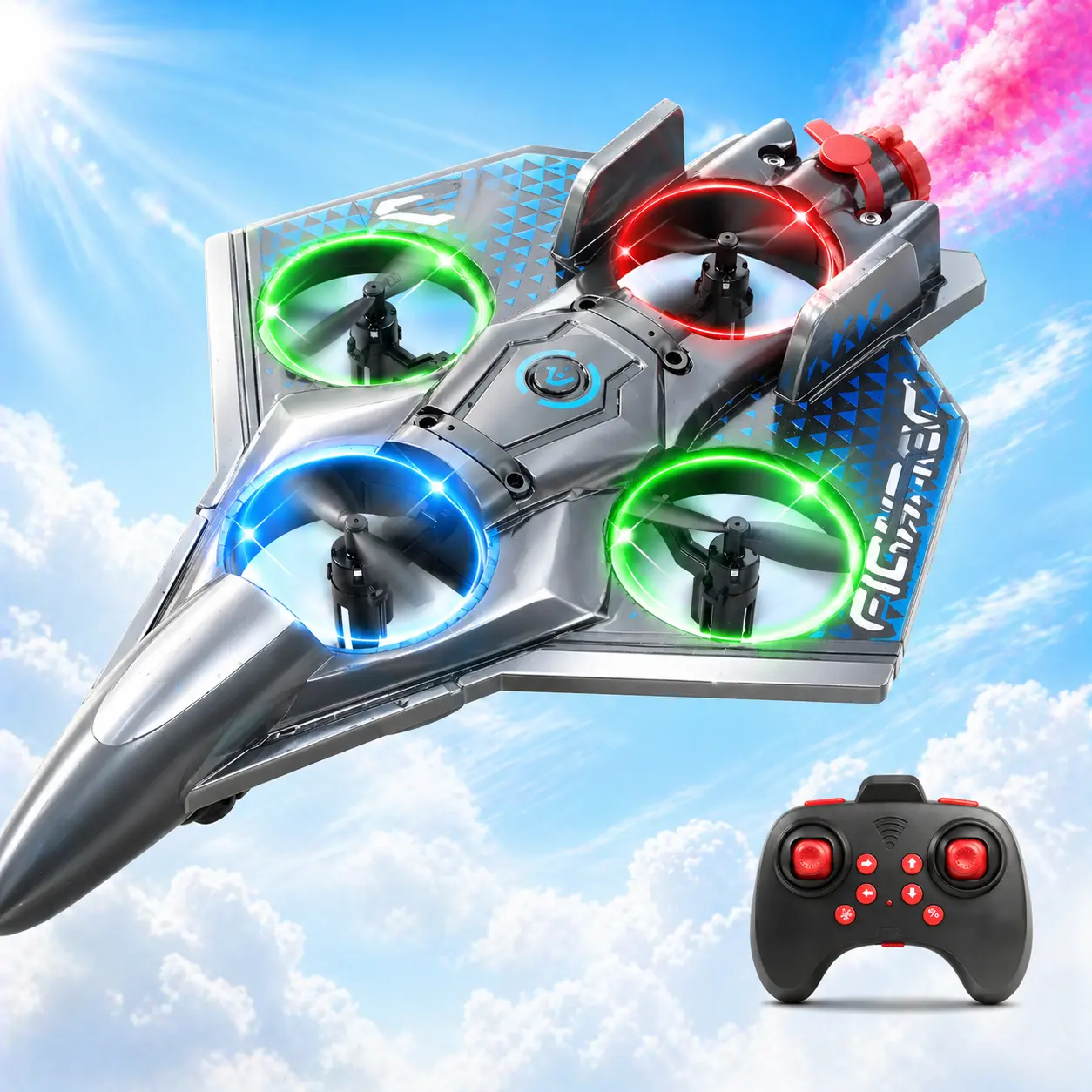 RC Fighter Jet Drone for Kids, Foam Remote Control Airplane Toy with Spray LED Lights, Altitude Hold, 360 Flip, Stunt Mode, Beginner Friendly Outdoor Indoor Flying Toy