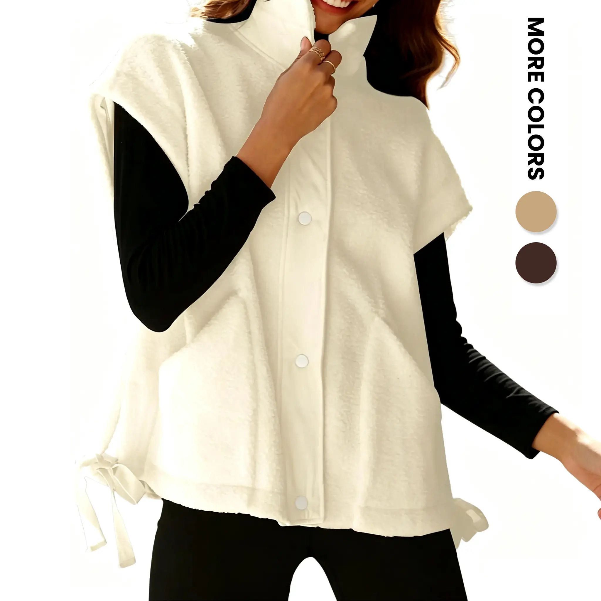 Renaishow Women's Baggy Plush Fleece Vest, Casual High Neck Sleeveless Outerwear with Snap Buttons and Pockets for Winter, Fabric, Basic, Solid, Medium Length, Fit, Loose, Imitation, Soft, Tops, Vest Outerwear