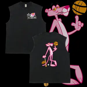 Retro Y2K Streetwear Style with PinkPanther & Baseball Print Round NeckShort Sleeve Casual Summer Vest Men's vintage washed pure cotton vest