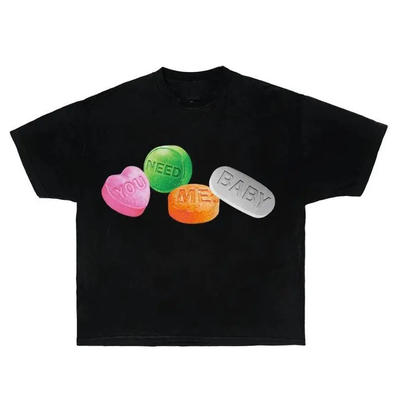 CANDY T-shirt Garment Dyed Boxy Ultra Cotton Streetwear Shirt Y2K Fashion Grillz Pills Novelty Graphic T Shirt funny tshirt Undershirts Tees Casual Streetwear Classic Plain Men's Women Cotton Moisture Wicking Short Sleeve Crew Neck