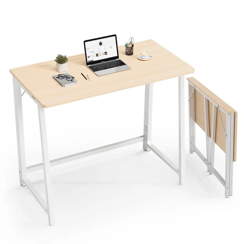 Sweetcrispy Steel-Wood Computer Desk - 31.5x15.75in Sturdy Foldable Tool-Free Adjustable Office Workstation, 198.4 lbs Capacity, Secure Lock Latch, Scratch-Safe Feet, P2 Particle Oak Finish, Portable WFH Tiny Furniture for Bedroom Dorm, Portable Desk, Des