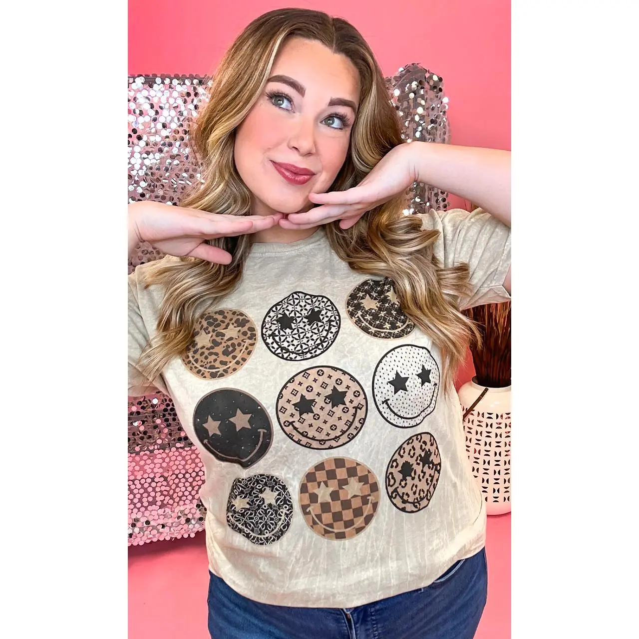Tees2urdoor Women's Taupe Preppy Smiley Graphic Tshirt - Mineral Washed 100% Cotton Shortsleeve with a Casual Unisex Fit, Fits, Basic, Everyday, Top, Round Neck, Valentines Day, Lady, Starry Smiles, Unisex Cut, Easy Styling