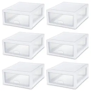 Sterilite 16 Quart Clear Plastic Stacking Storage Drawer Container Box (6 Pack) Organiser Shelf