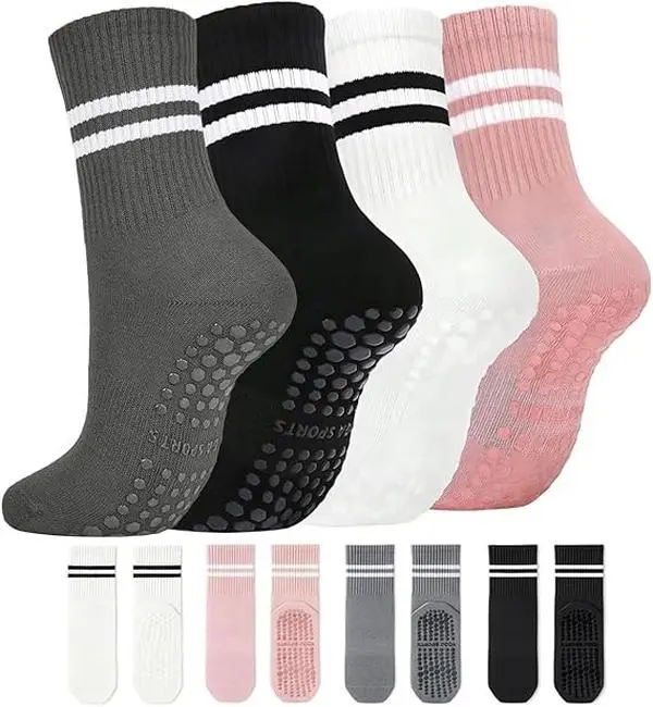 Women's Non-Slip Dot Grip Mid-Calf Sports Crew Socks, Double Stripe, Indoor-Outdoor Casual, for Yoga, Pilates, Fitness, Gym, Workout, Athletic Grip Socks, Gym Socks, Workout Socks