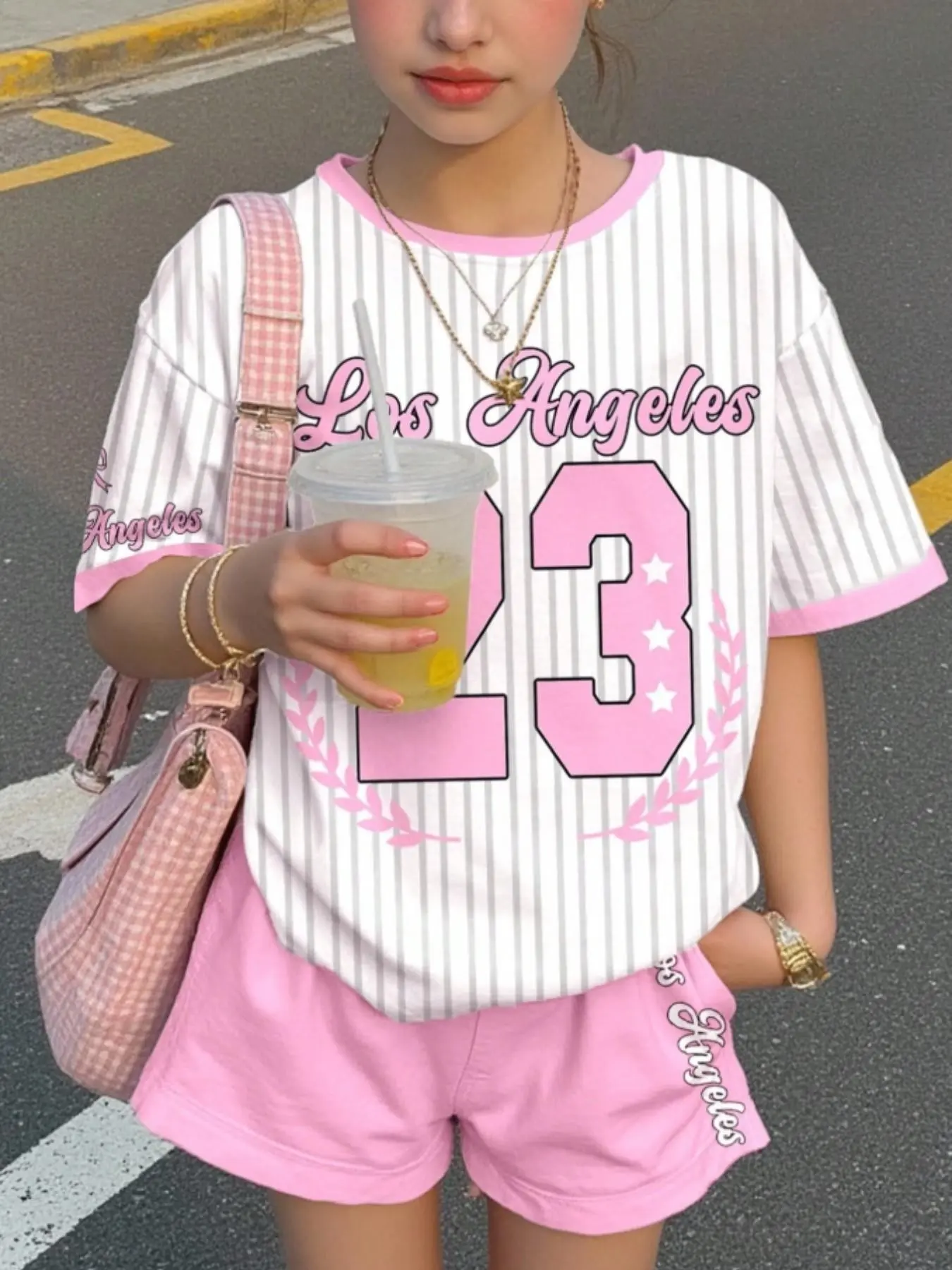 Teen Girls Casual Sequin Striped Bow Letter Basketball Print Loose Round Neck Short Sleeve T-Shirt and Shorts Set Striped Sets, Tween Set, Summer Clothing Set, Summer Fashion