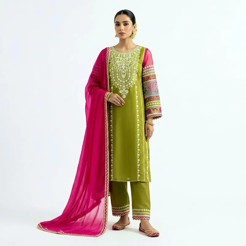 Women's Islamic Muslim Indian-Pakistani Panjabi Suit with Square Hijab, Modest Fashion Hijab Style Outfit, Asian