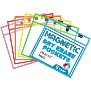 Magnetic Dry Erase Pockets by Two Point (6-Pack) - Landscape - Clear Dry Erase Pocket Sleeves, Job Shop Ticket Holders, Clear Paper Sleeves Protectors, Magnetic Pouch